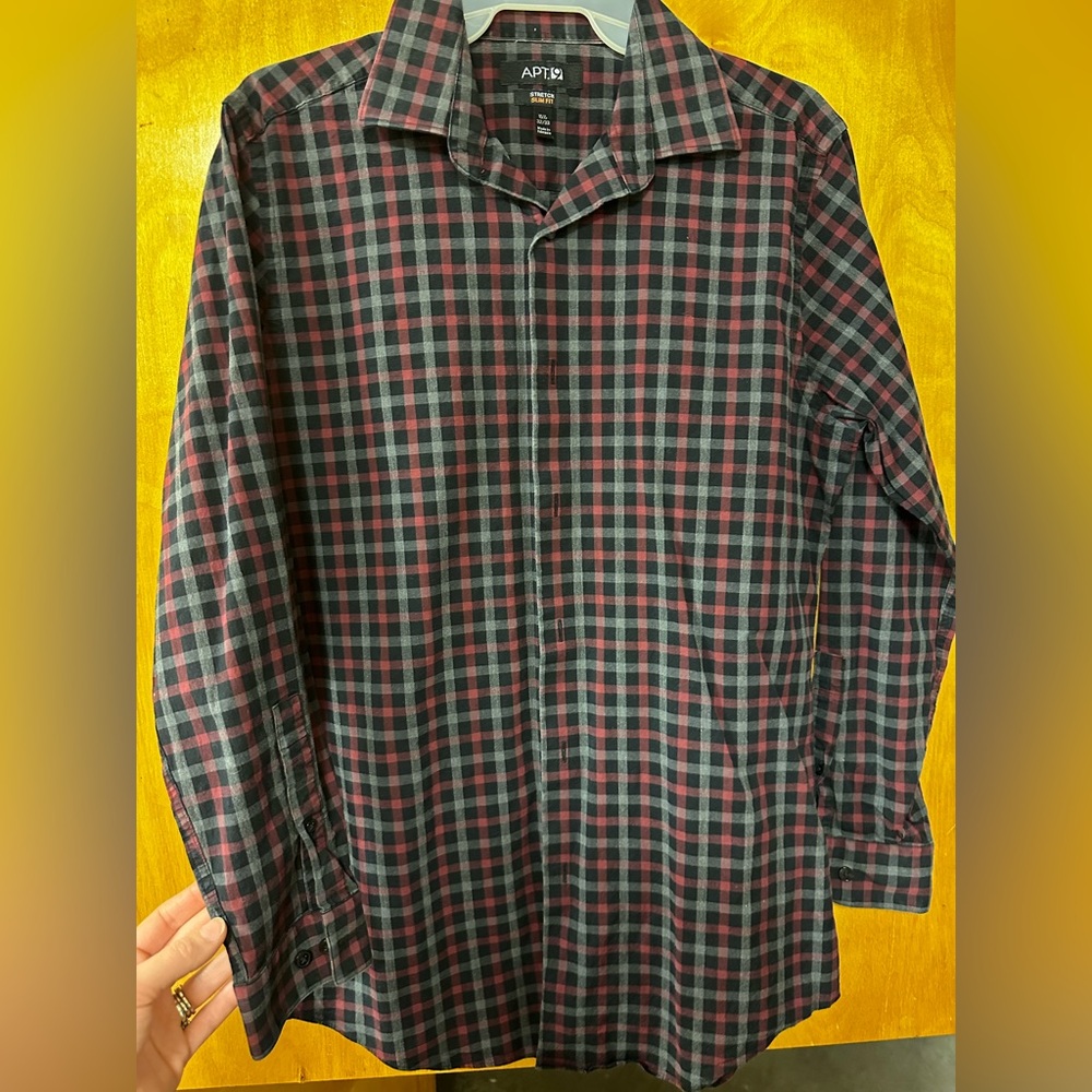 Apt.9 
Black, maroon, gray 
Stretch slim fit 15 1/2 32/33
